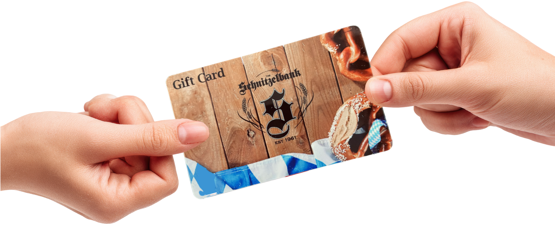 Hands holding a brown card with a black emblem against a white background