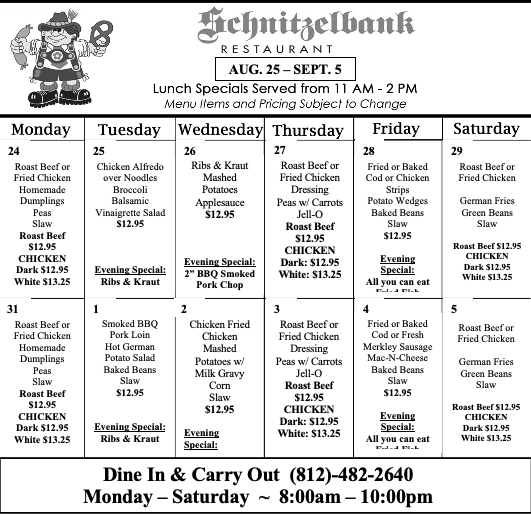 Schnitzelbank restaurant lunch specials menu with daily dishes and dine-in/carry-out hours.