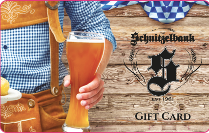Gift card with Schnitzelbank logo on wood background, framed by blue ribbon and pretzel