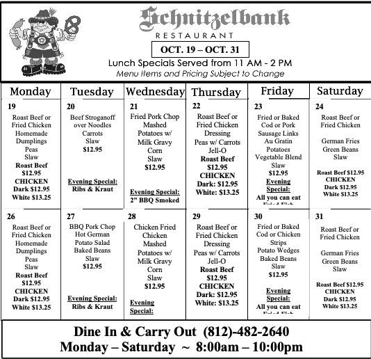 Schnitzelbank restaurant lunch specials menu with daily dishes and dine-in/carry-out hours.