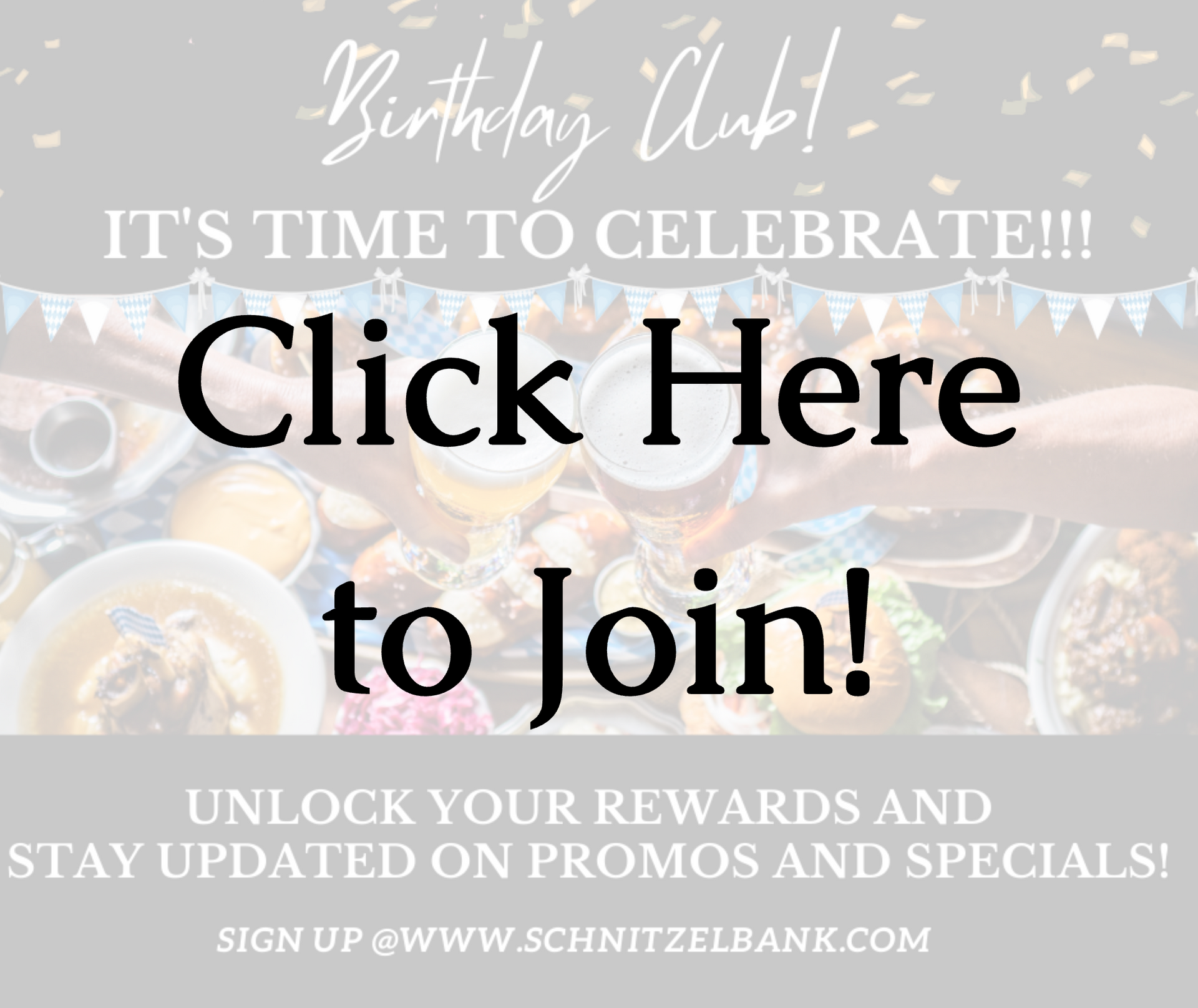 Birthday Club promotion with large “Click Here to Join” call to action over dessert and drink background