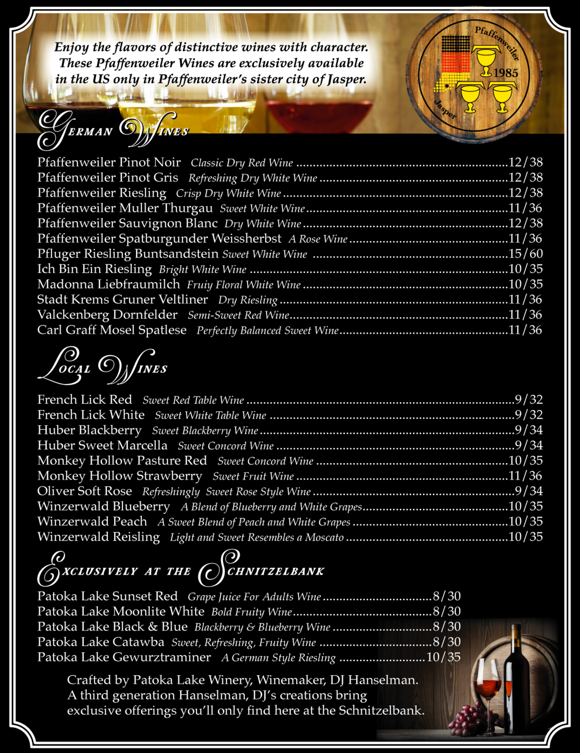 Dark fantasy menu screen with white text on black, gold circular emblem, and skull artwork on the right.