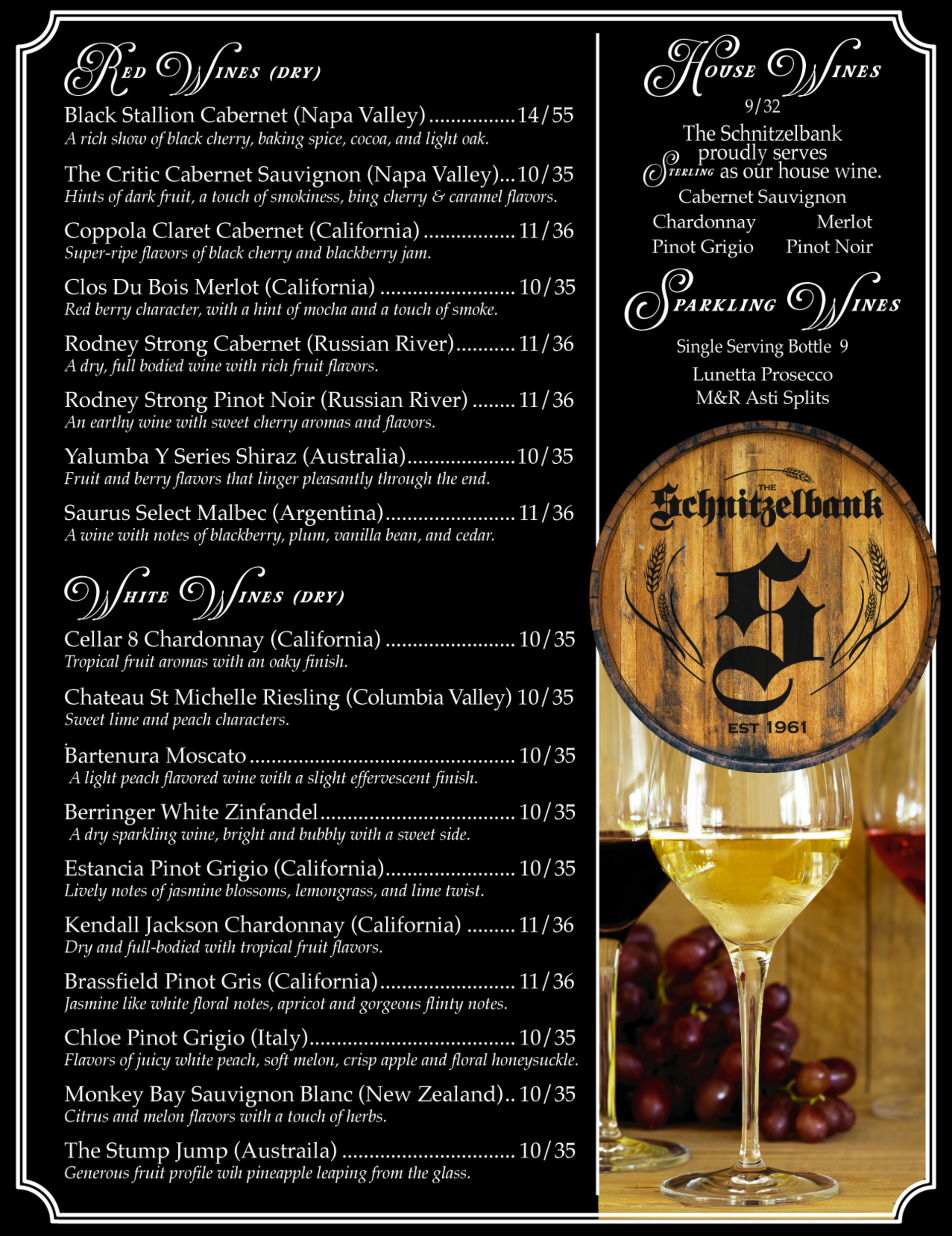 Black-and-gold wine menu with script headings and a wine glass beside a grape logo.