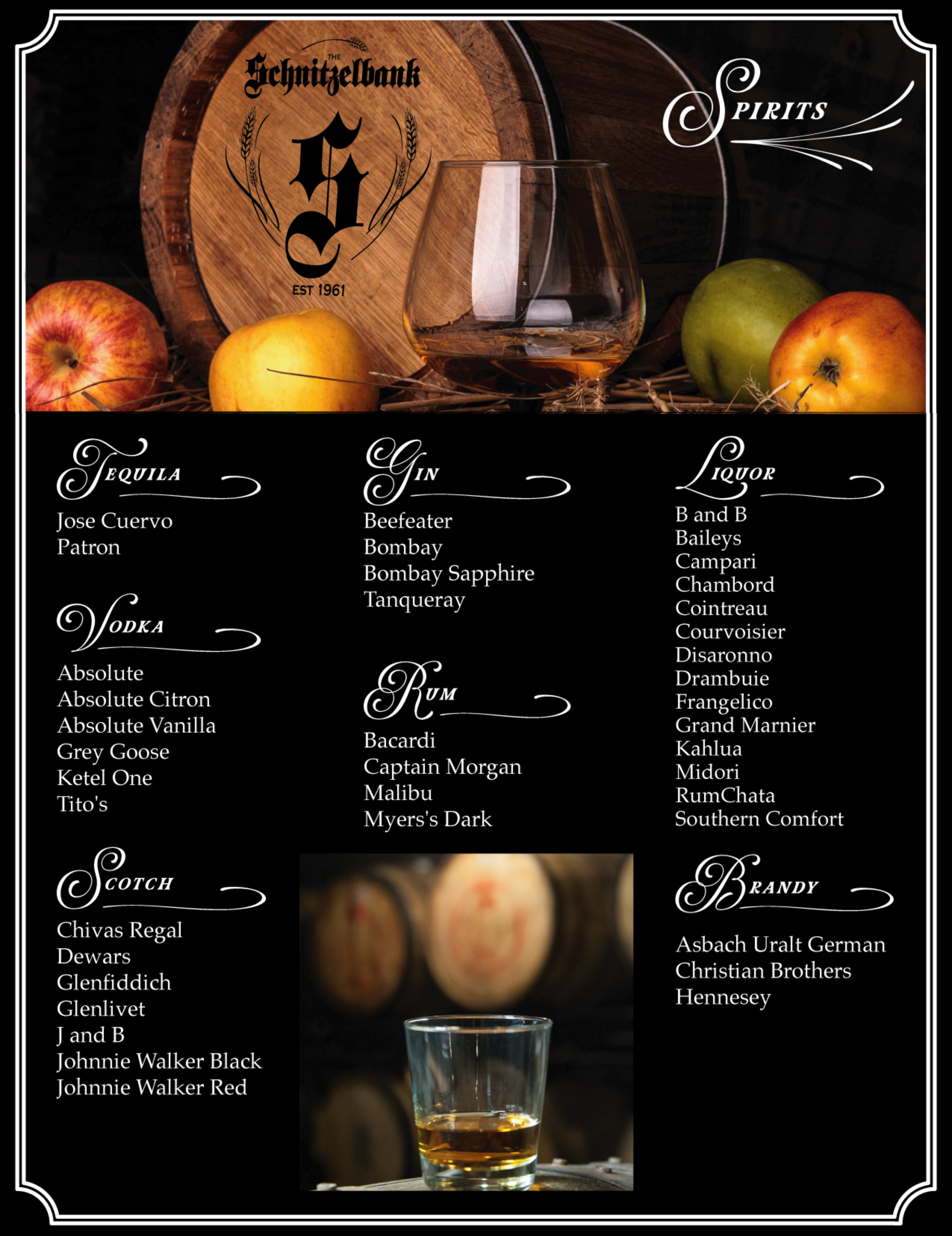 Spirits menu poster with bottles, fruit, and whiskey glasses on a black background.