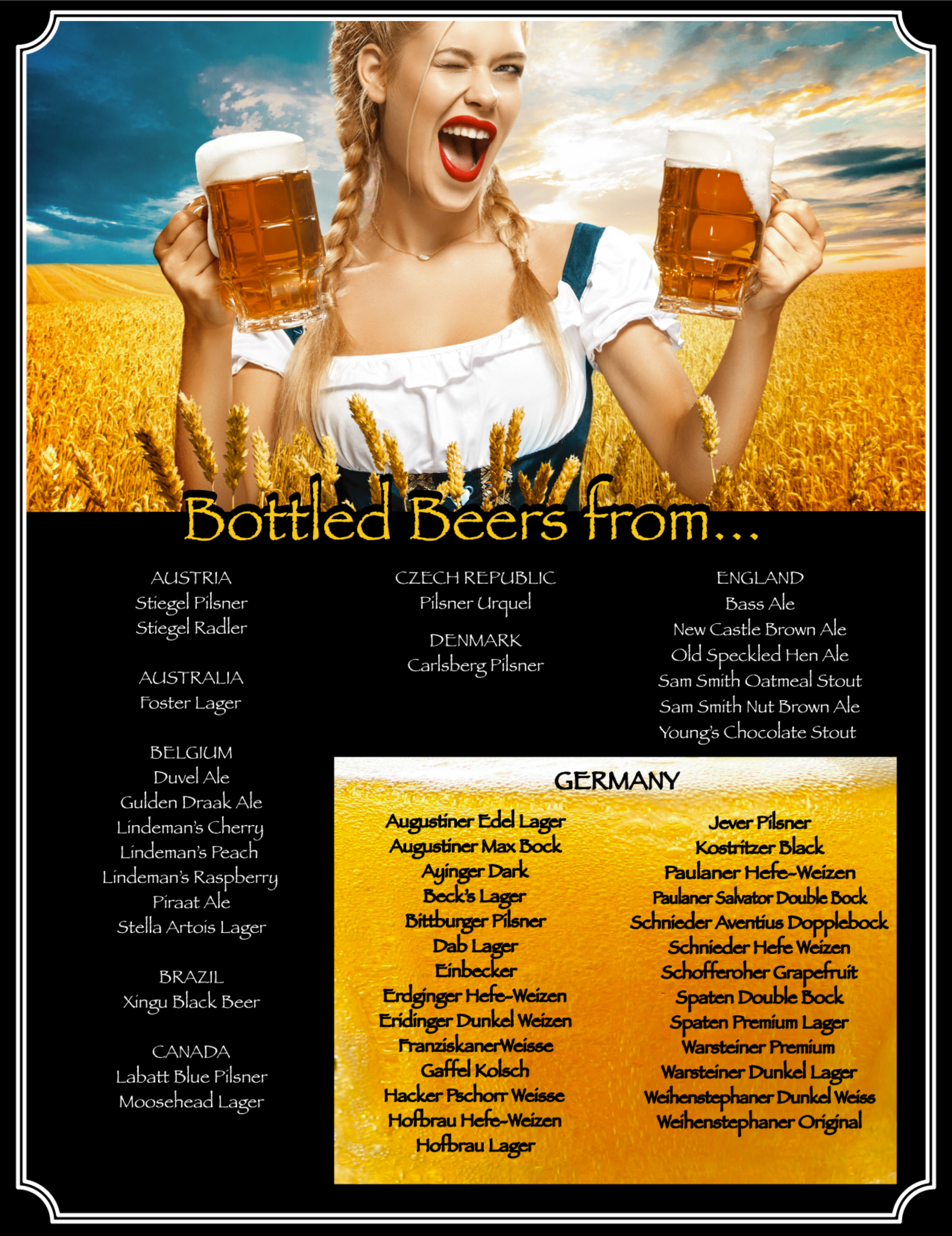 Beer menu poster with two raised mugs above a list of bottled beers and prices
