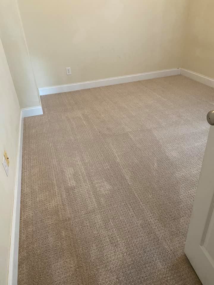 A bedroom with a carpeted floor and white trim.