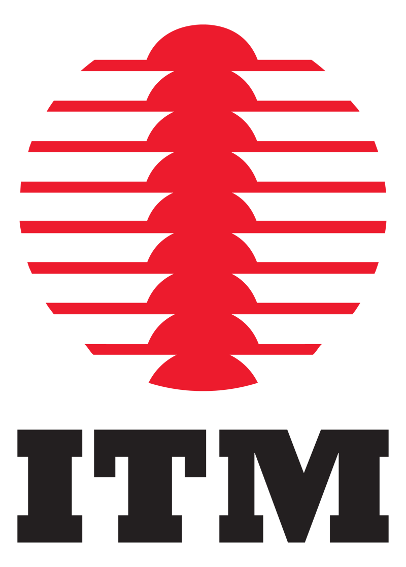 A logo for itm with a red circle and black letters