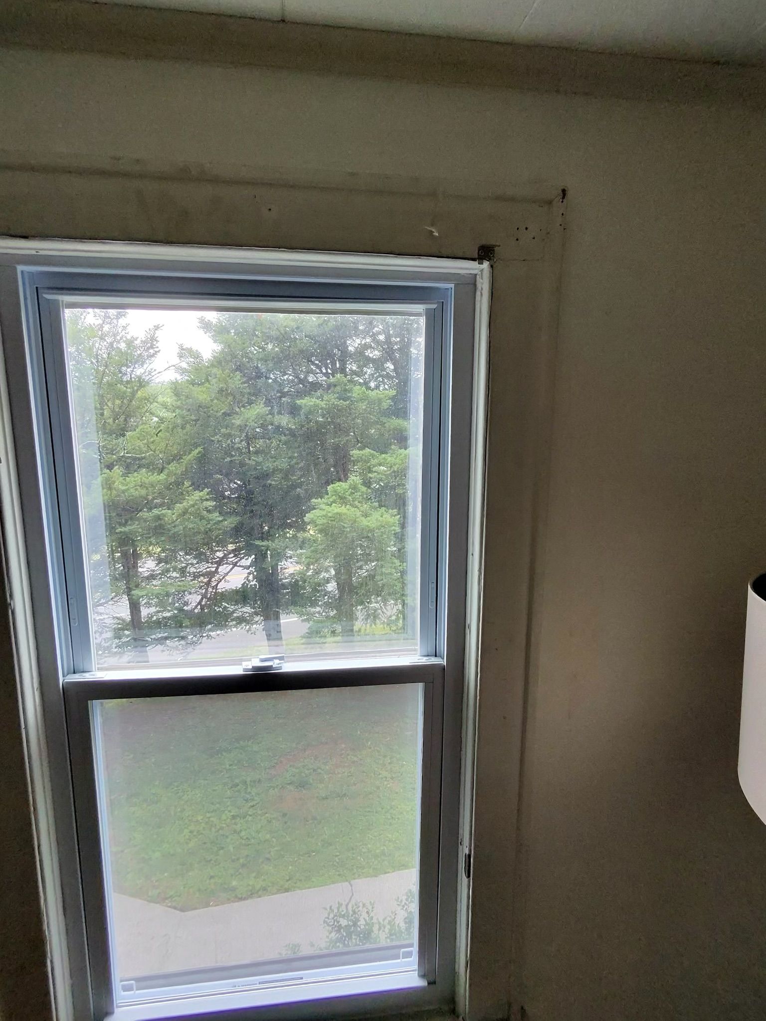 Small window with frosted lower pane overlooking trees and a grassy yard