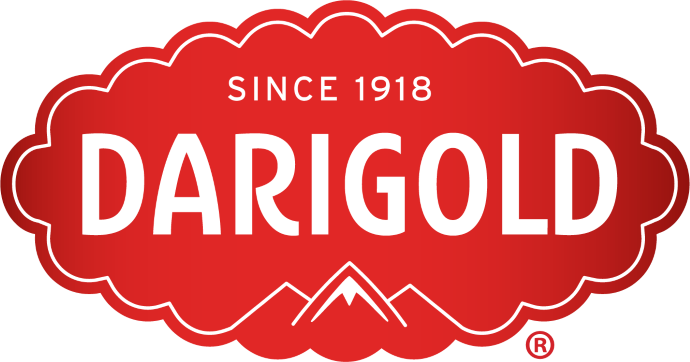 The darigold logo is red and white with mountains in the background.