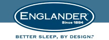 A blue and white logo for englander better sleep by design