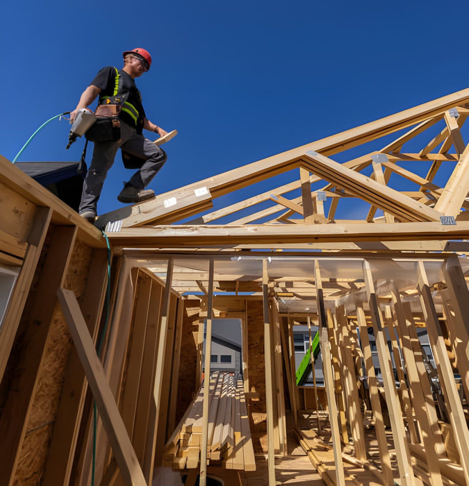 Carpenter walking on top of wooden roof framing