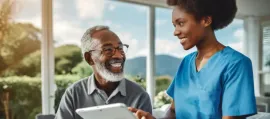 Smiling caregiver in blue scrubs speaking with an older man holding a tablet in a bright room
