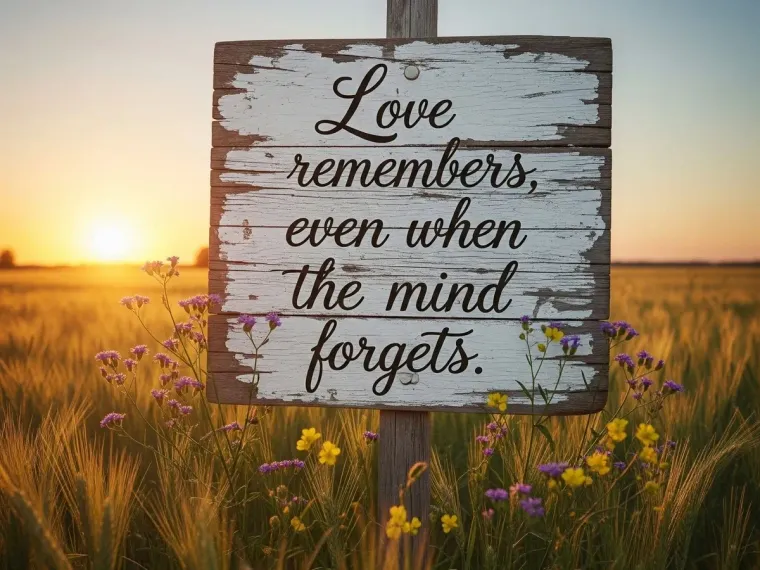 Weathered wooden sign in a sunlit field reads, “Love remembers, even when the mind forgets.”