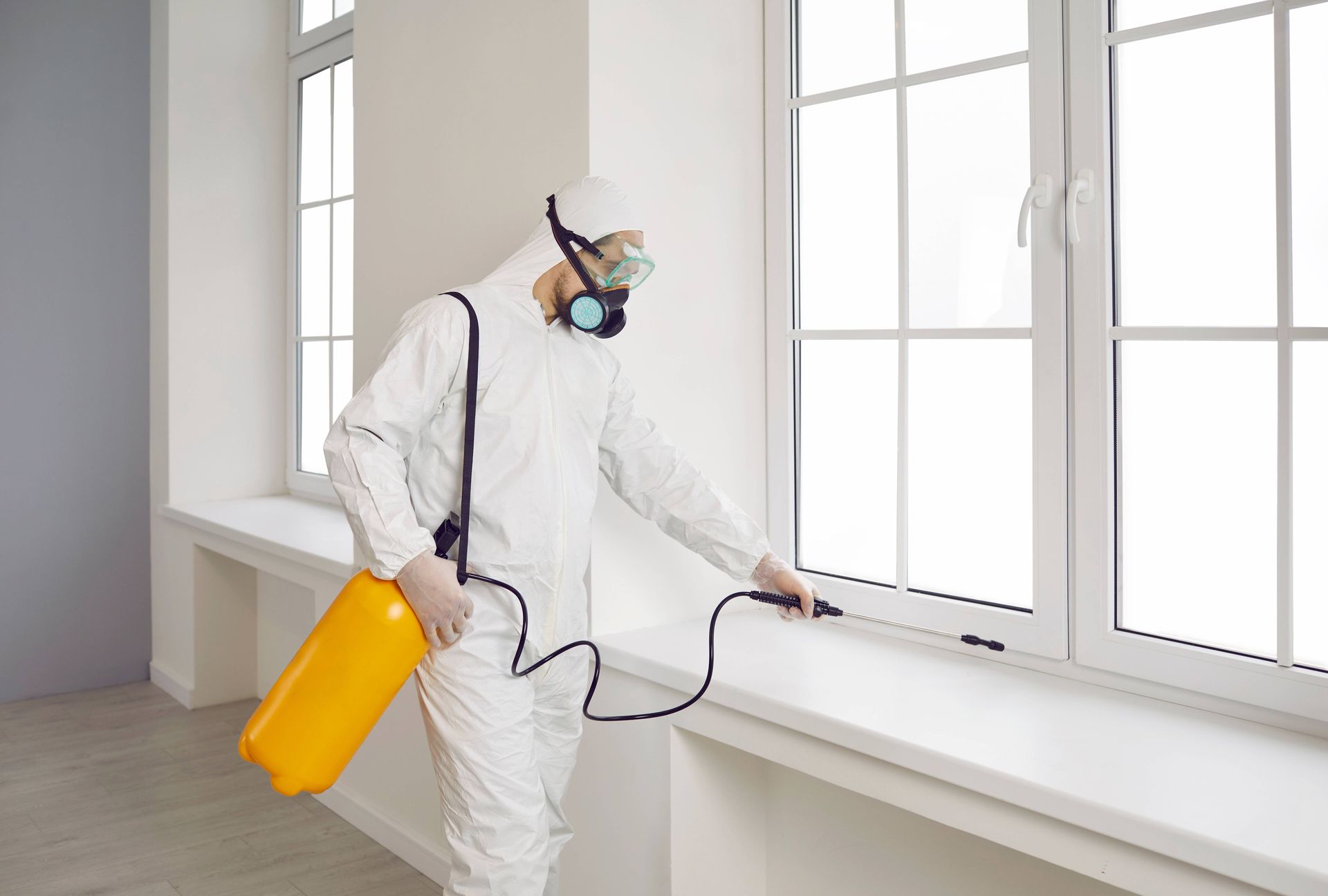 Pest control technician in protective suit spraying insecticide along indoor window frame.