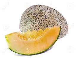 A cantaloupe with a slice taken out of it on a white background.