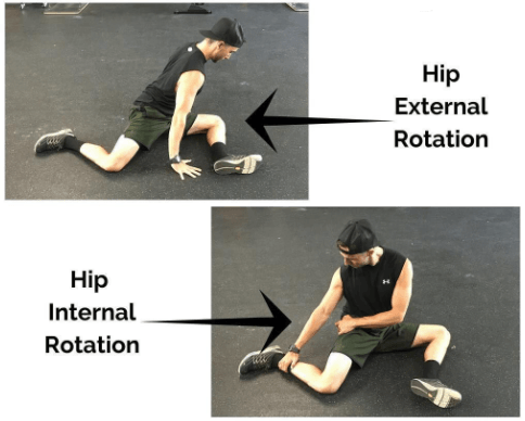 A man is doing hip external rotation and hip internal rotation exercises
