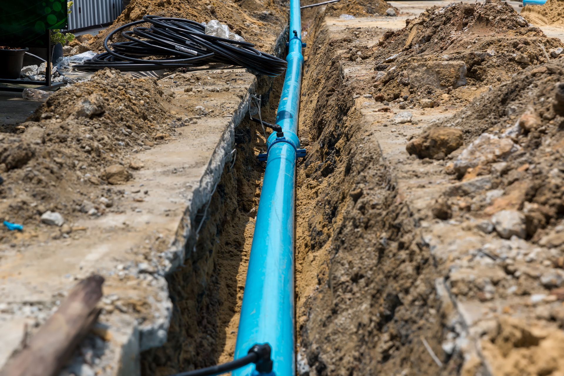 Construction site with new sewer pipes being installed underground Construction site with new sewer pipes being installed underground