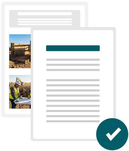 Two document pages with construction site photos, overlaid with a green checkmark icon indicating approval or completion.