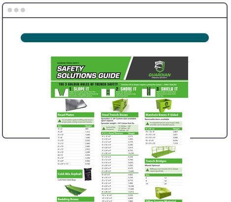 Guardian Trench Safety product guide featuring equipment photos and specification tables for trench boxes and bridges.