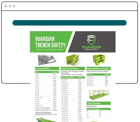 Guardian Trench Safety product guide featuring equipment photos and specification tables for trench boxes and bridges.