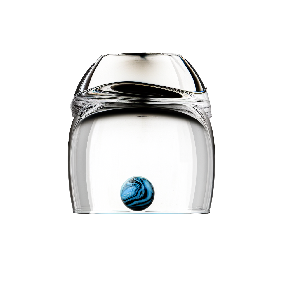 A glass with a blue ball inside of it
