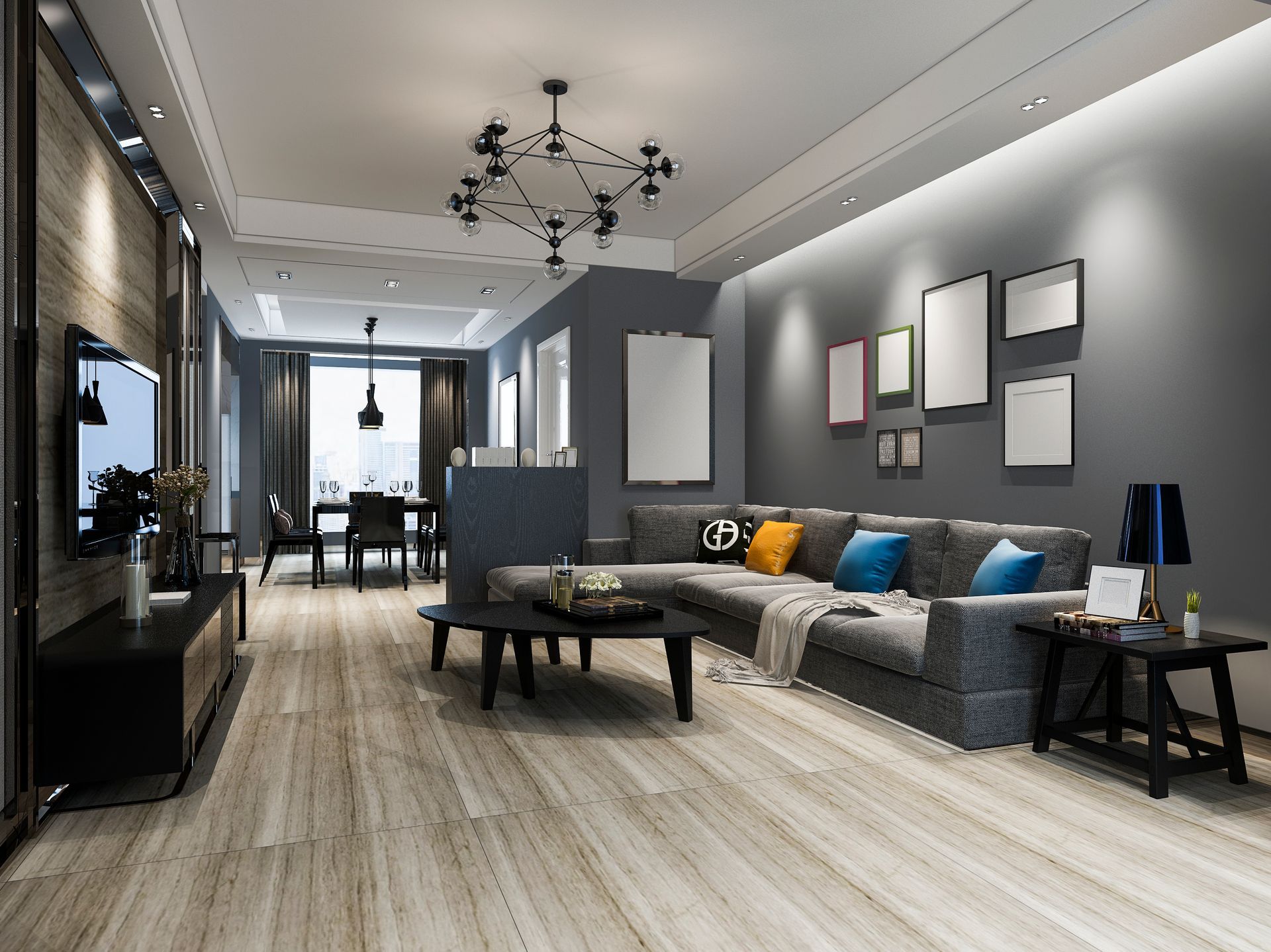 Modern dining and living room with luxury vinyl plank flooring by All Brite Floors Houston