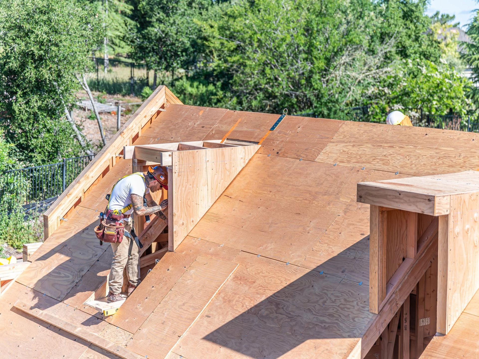Workers installing plywood roofing on a sloped roof under construction, surrounded by trees