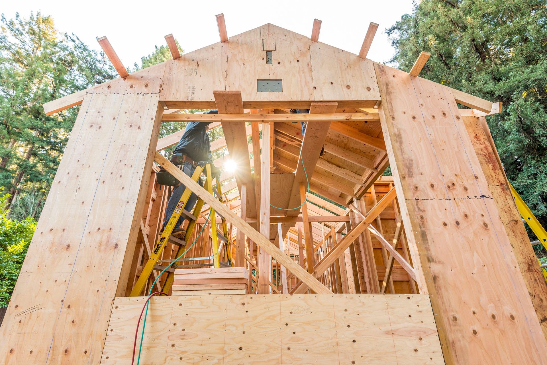 Wooden house frame under construction with plywood walls and exposed roof trusses in sunlight
