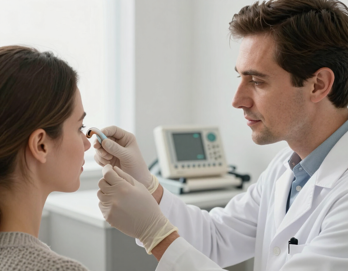 Médico examinando el ojo de un paciente con un oftalmoscopio en una sala de consulta.