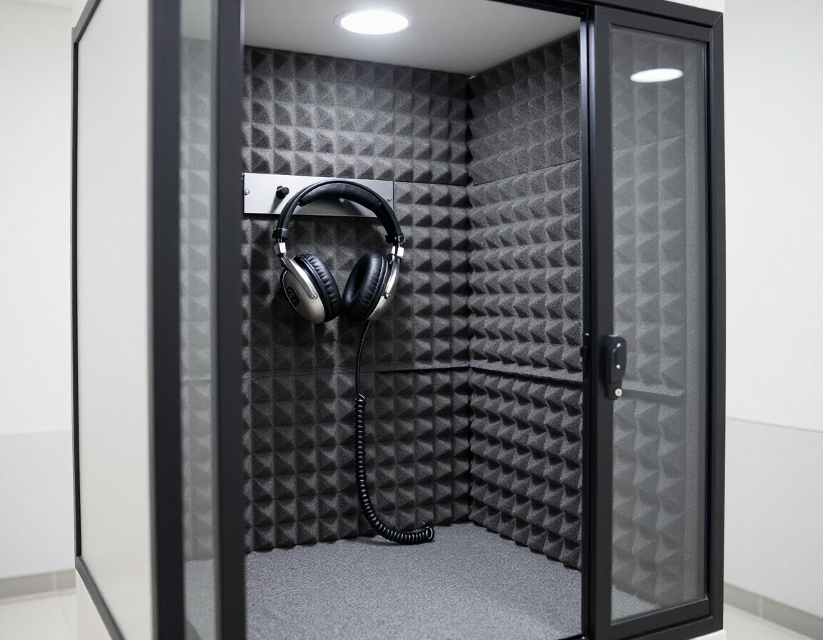 Cabina de grabación insonorizada con auriculares colgando en el interior y puerta de cristal abierta.