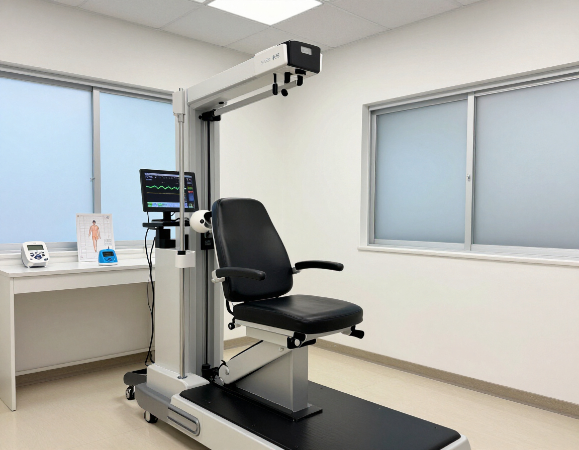 Sillón de exploración médica junto a una máquina de pie en una luminosa sala de clínica con ventanas.