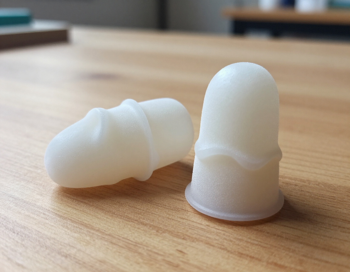 Dos tapones para los oídos de silicona blanca sobre una mesa de madera, uno tumbado y el otro de pie.