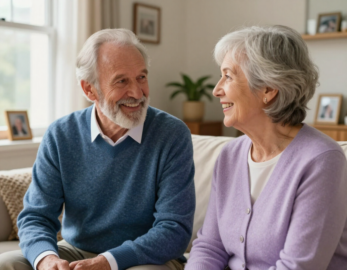 Dos ancianos sonrientes están sentados en un sofá, conversando en una luminosa sala de estar.