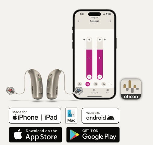 Audífonos junto a un iPhone que muestran los controles de la aplicación, con los logotipos de iPad, Mac, Android, App Store y Google Play.