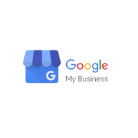 A google my business logo with a blue awning on a white background.