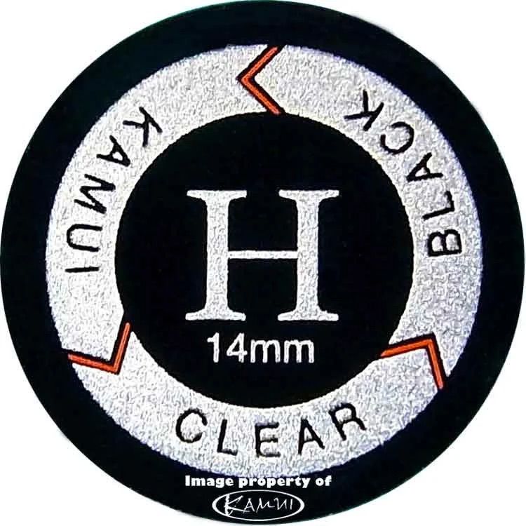Black-and-white contact lens packaging labeled “H,” “14mm,” “KAMUI,” “BLACK,” and “CLEAR”