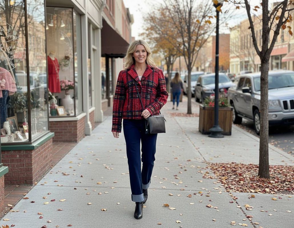 Woman walking on a city sidewalk wearing a red plaid jacket and jeans, with autumn leaves and storefronts nearby
