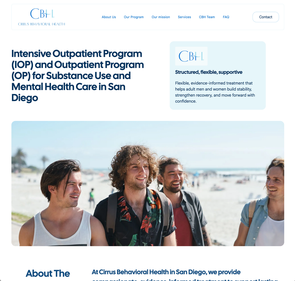 Website page for San Diego outpatient mental health and substance use treatment with beach hero photo