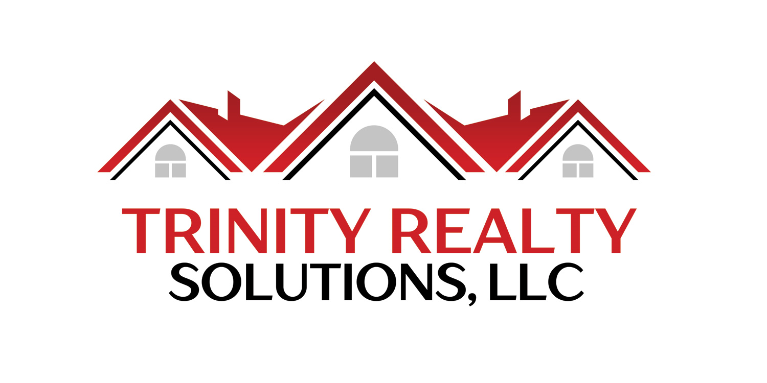Logo for Trinity Realty Solutions, LLC featuring three red house roof outlines above the company name in red and black.