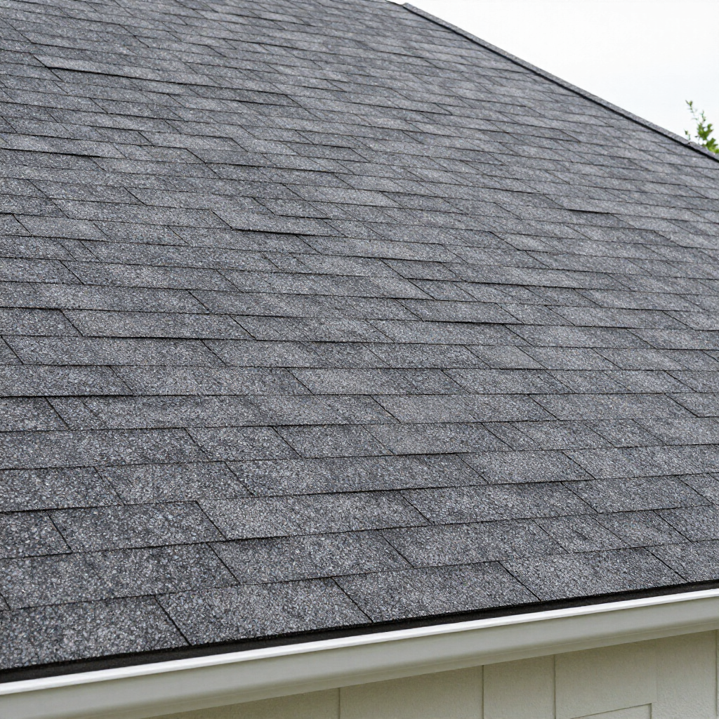 Gray asphalt shingle roof on a house with white trim below Gray asphalt shingle roof on a house with white trim below