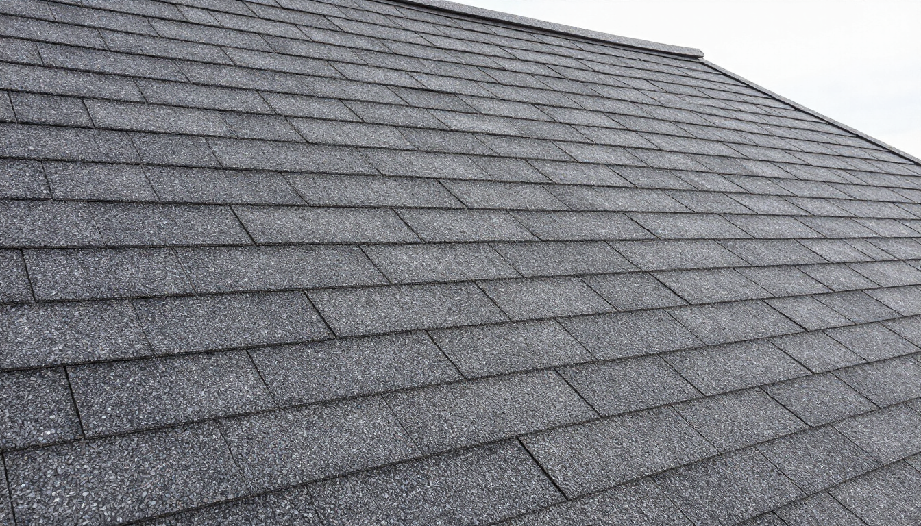 Gray shingled roof with a close-up view of asphalt shingles against the sky Gray shingled roof with a close-up view of asphalt shingles against the sky