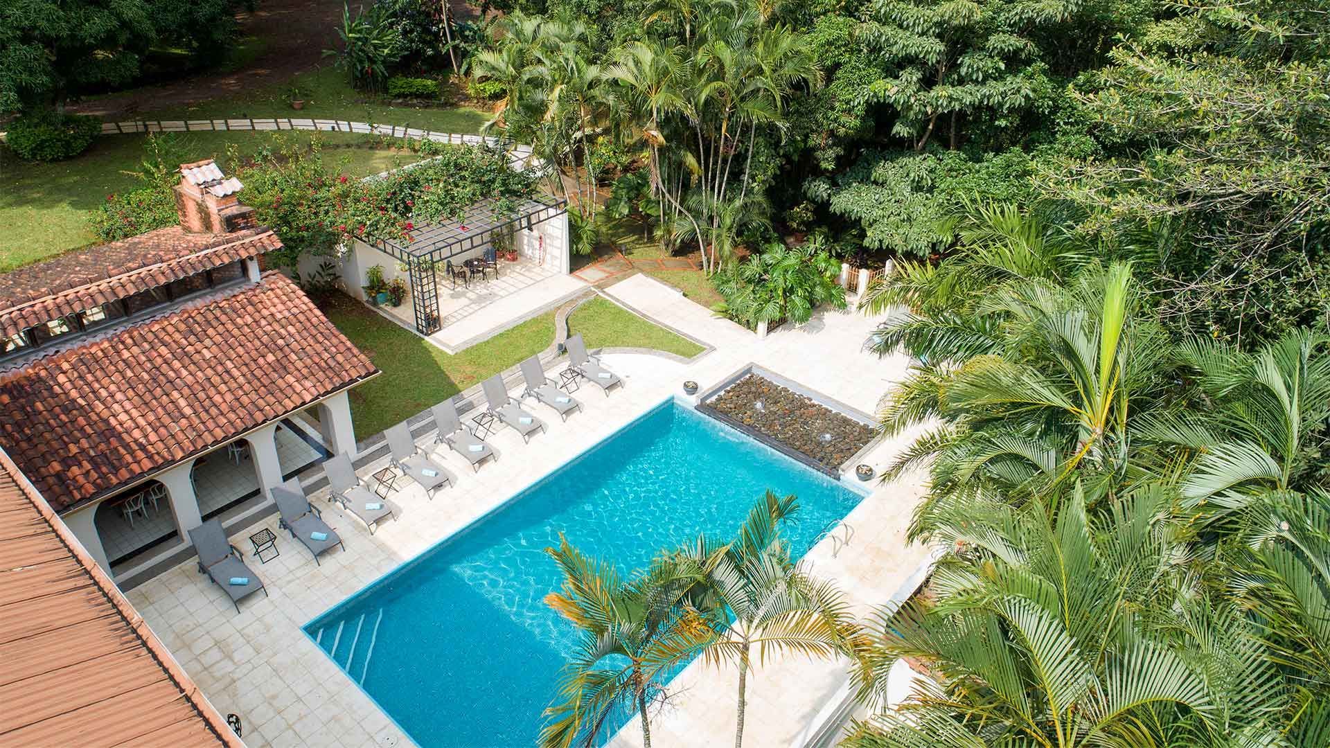 An aerial view of a large swimming pool surrounded by palm trees.