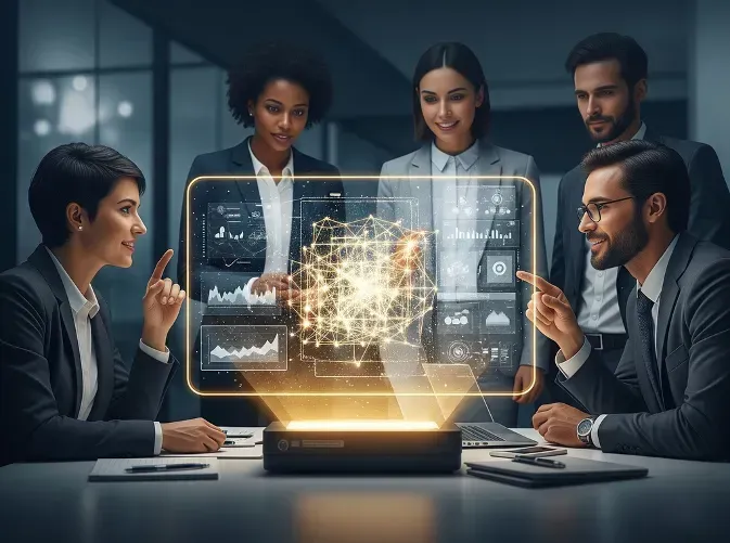 A group of people are sitting at tables in front of a projector screen
