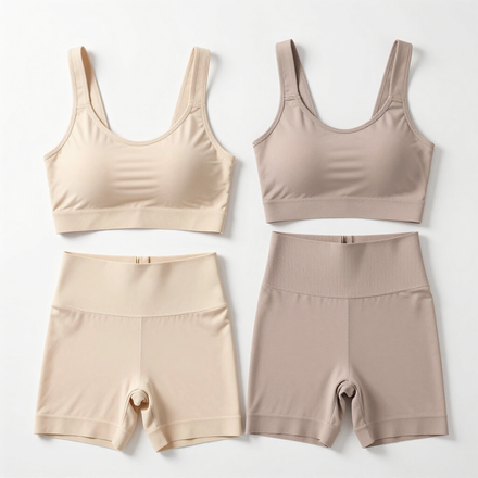 Dos conjuntos de ropa interior femenina sin costuras de color beige: sujetadores y braguitas extendidos sobre un fondo blanco.