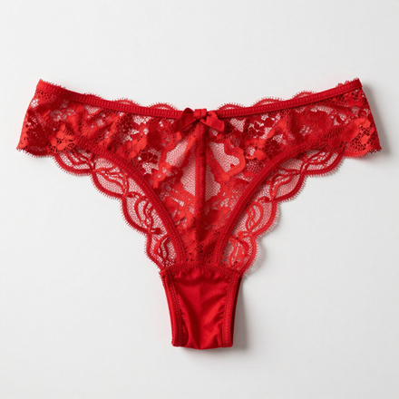 Tanga de encaje rojo con ribete floral sobre fondo blanco