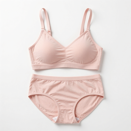 Conjunto de sujetador rosa y bragas a juego sobre fondo blanco.