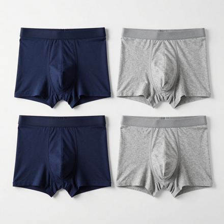 Cuatro calzoncillos bóxer para hombre dispuestos en una cuadrícula de 2x2, de color azul marino y gris.
