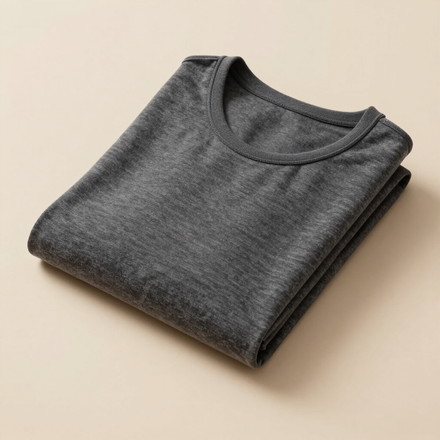 Camiseta gris oscuro doblada sobre un fondo beige.