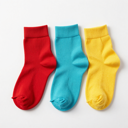 Tres pares de calcetines tobilleros de colores rojo, azul y amarillo sobre un fondo blanco.
