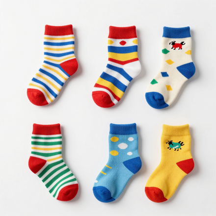 Seis calcetines de rayas coloridas con lunares y estampados divertidos sobre un fondo blanco.
